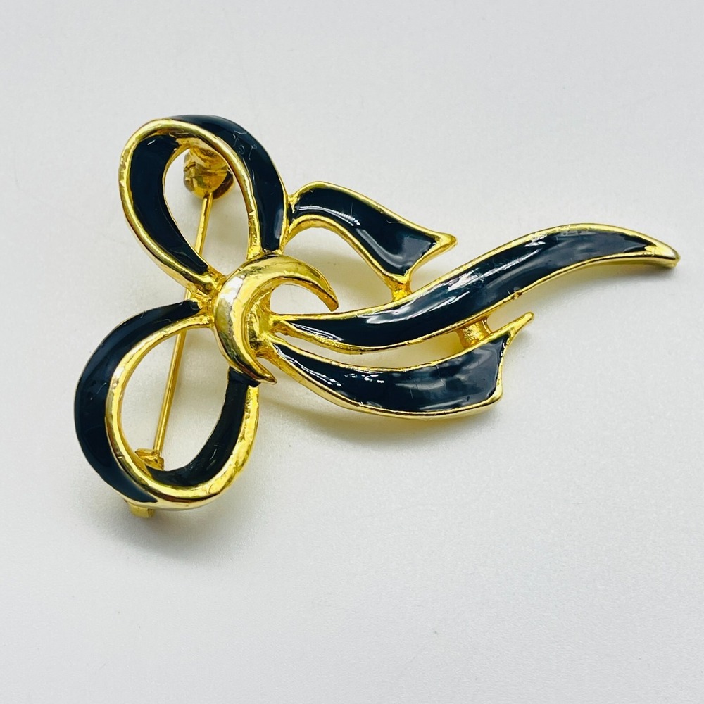 Vintage Black Enamel Bow Brooch Gold Tone Ribbon Fashion Statement Pin - Picture 4 of 6